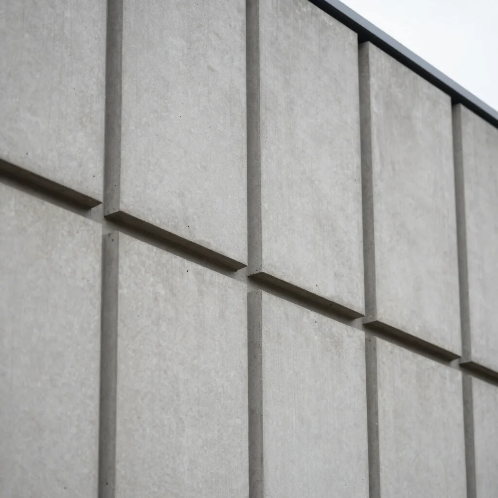 Architectural photography, close-up detail of CLADBOARD panel joint on a building facade, daylight overcast, industrial