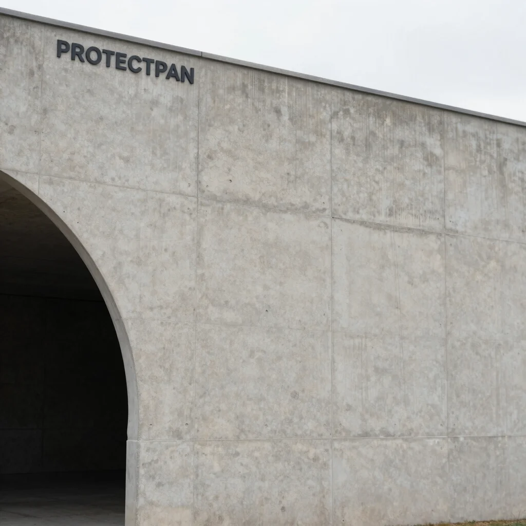 Architectural photography, texture detail of PROTECTPAN panel surface in a tunnel, daylight overcast, industrial concret