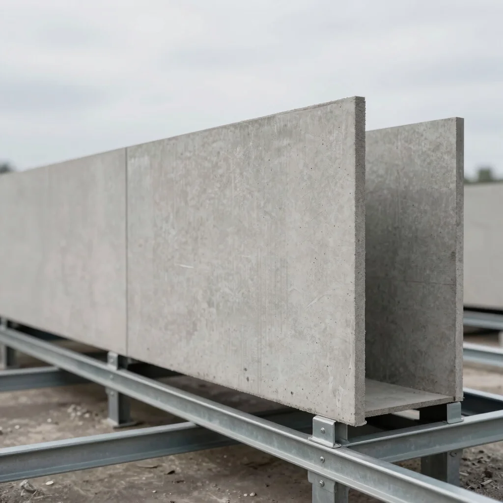 Architectural photography, installation process of a CLADBOARD panel on a metallic substructure, daylight overcast, indu