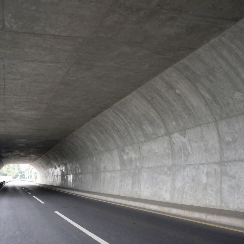 Architectural photography, interior view of a highway tunnel showing PROTECTPAN panels, daylight overcast, industrial co