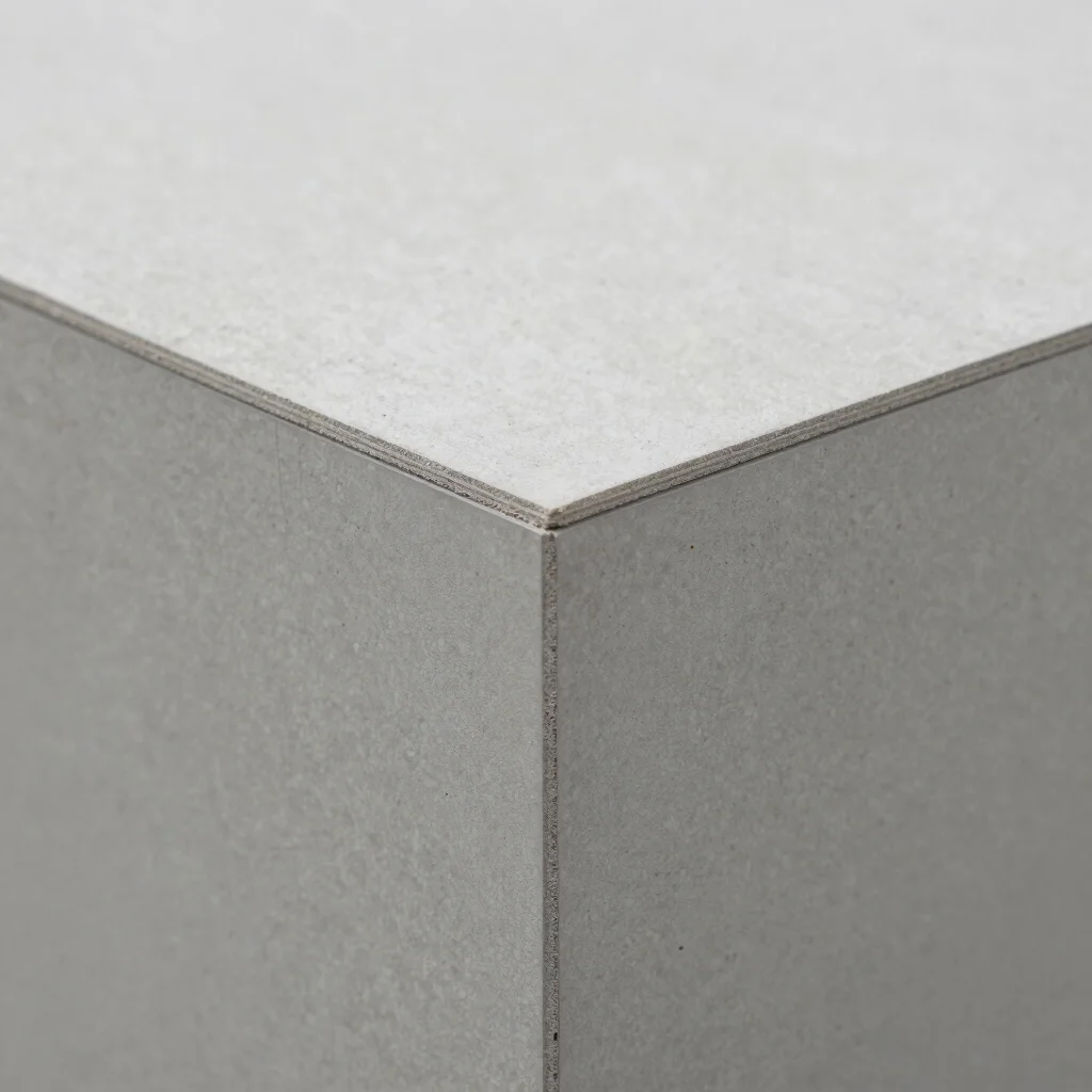 Architectural photography, close-up of PROTECTPAN panel edge, highlighting high-density material, daylight overcast, ind